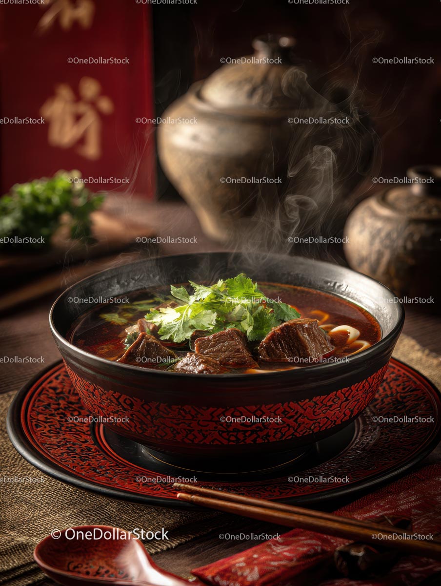 Steaming Beef Noodle Soup with Cilantro Garnish