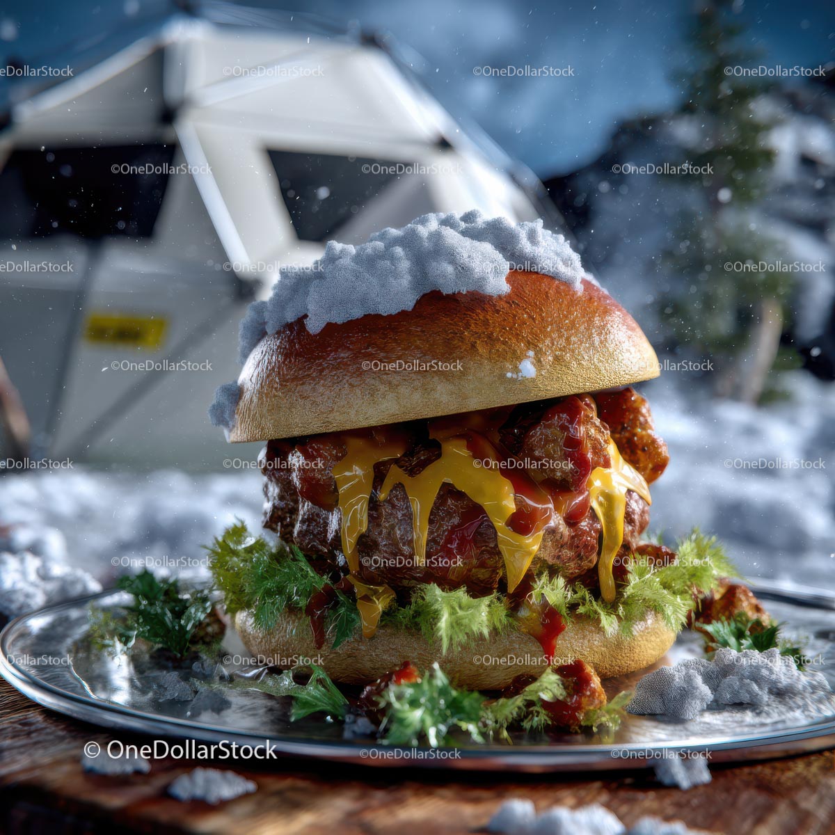 Wykwintny burger w śnieżnym, zimowym otoczeniu kempingowym
