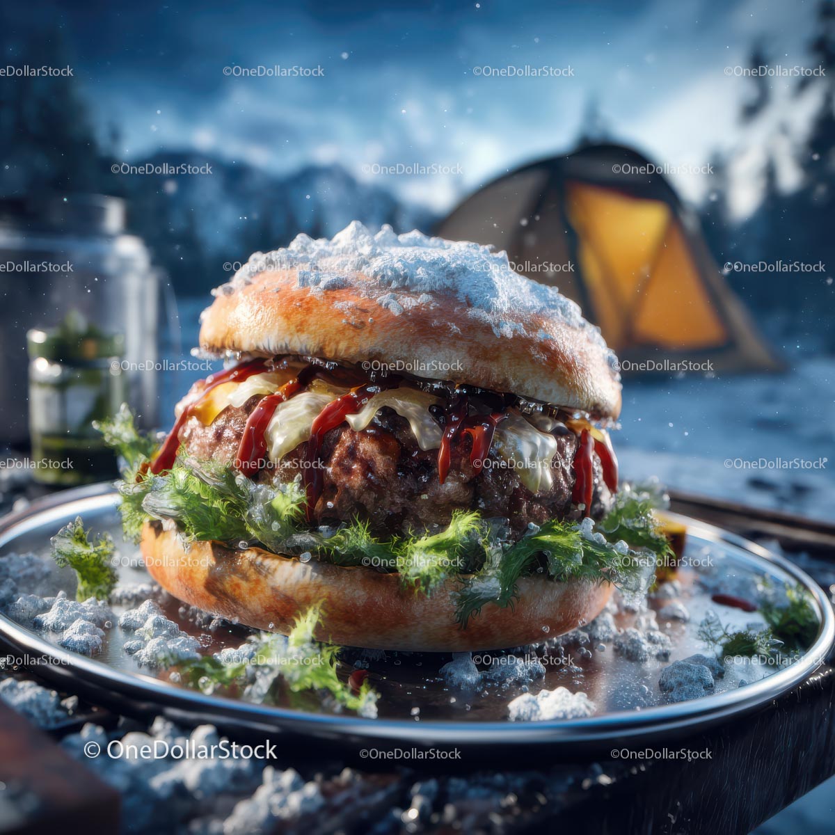 Gourmet Burger in a Snowy Winter Camping Scene