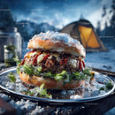 Gourmet Burger in a Snowy Winter Camping Scene