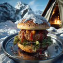 Gourmet Burger in a Snowy Mountain Camp Setting
