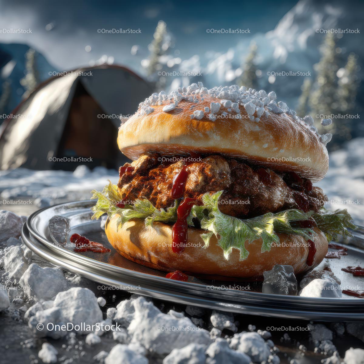 Gourmet Burger in a Winter Wonderland Setting