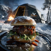 Gourmet Beef Burger with Snow-Covered Bun in Winter Camp