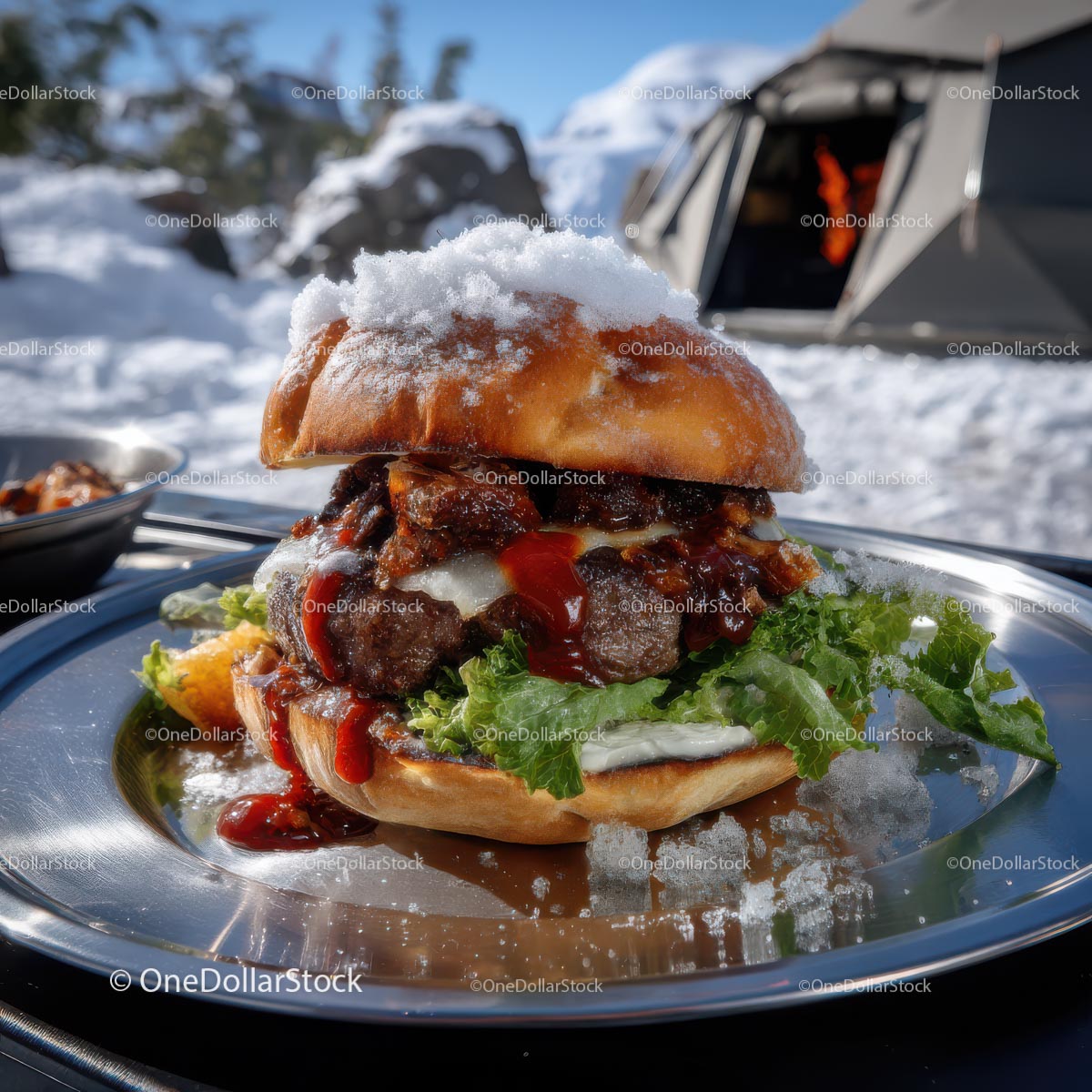Gourmet Burger with Snowy Topping in Winter Camping Setup