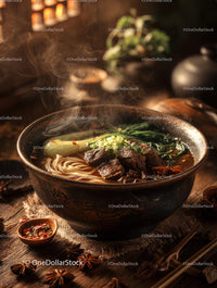 Steaming Bowl of Beef Noodles with Fresh Vegetables