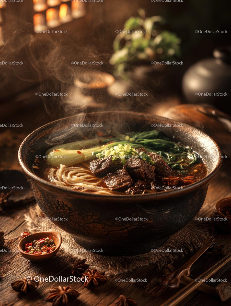 Steaming Bowl of Beef Noodles with Fresh Vegetables
