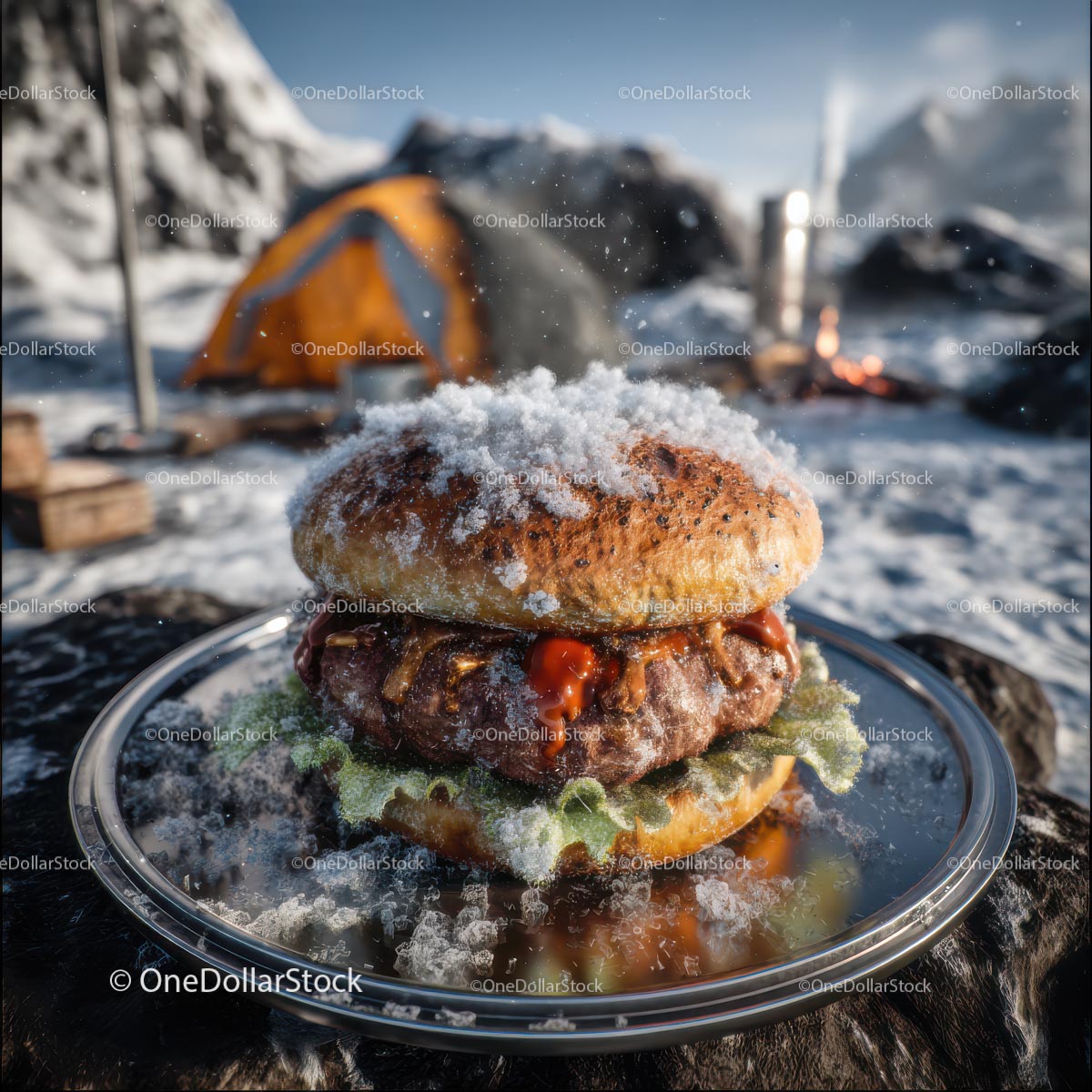 Snow-Dusted Burger Amidst Winter Camping Adventure