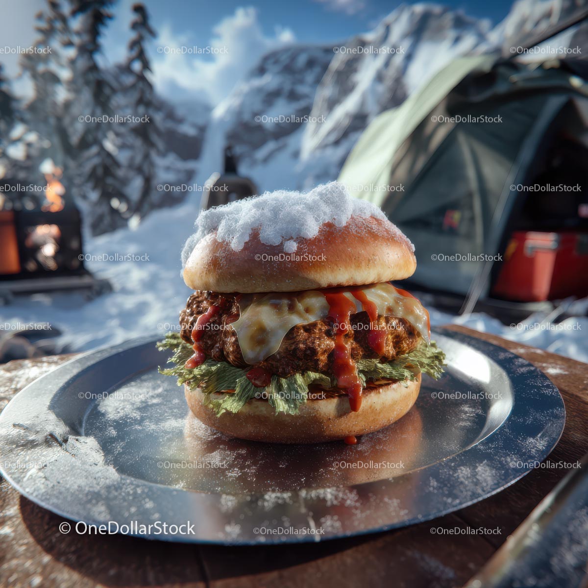 Soczysty cheeseburger w obozowisku w śnieżnej górze