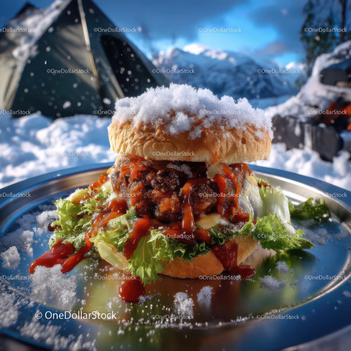 Juicy Burger in a Snowy Mountain Camping Scene