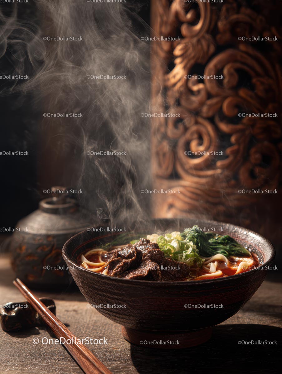 Steaming Bowl of Beef Noodles with Fresh Vegetables