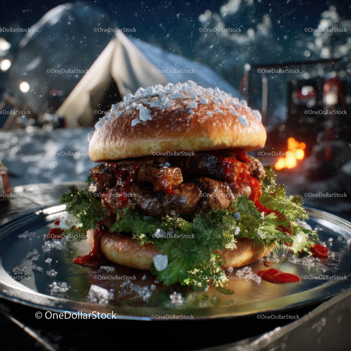 Wykwintny burger w malowniczej zimowej scenerii kempingowej