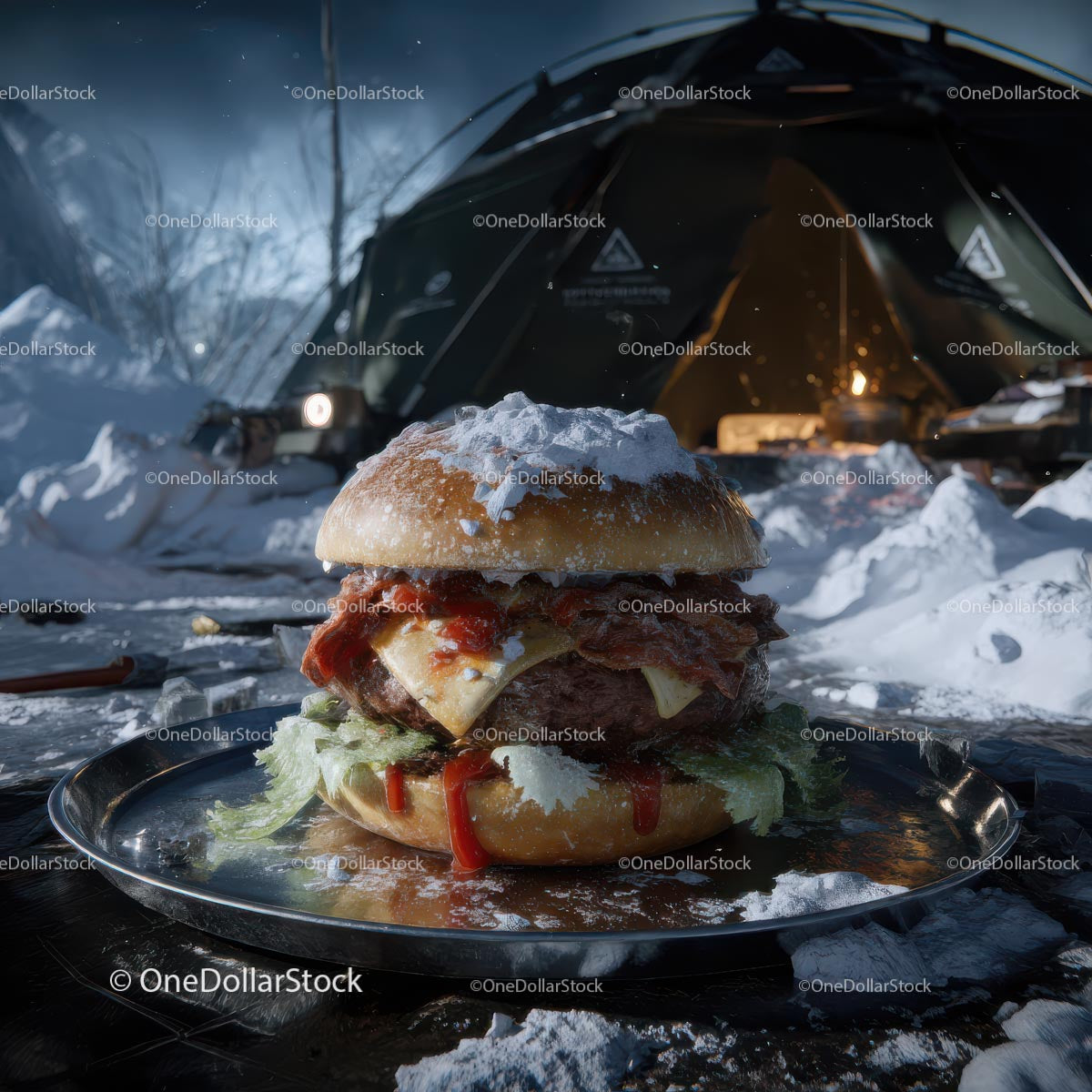 Wykwintny burger w śnieżnej zimowej scenerii kempingowej