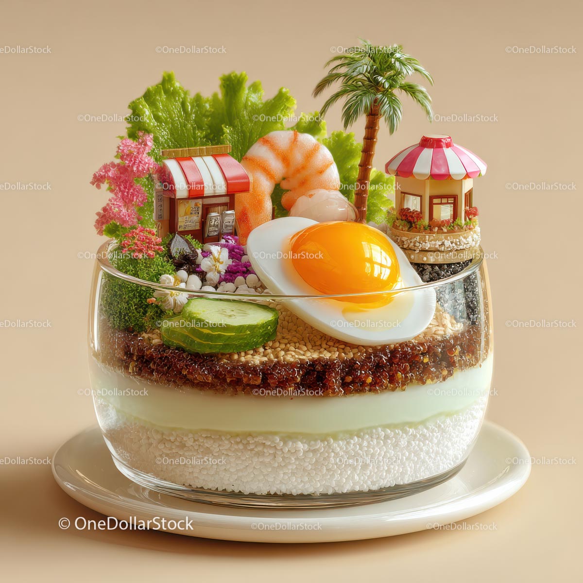 Miniature Village in Glass Bowl with Creative Food Art