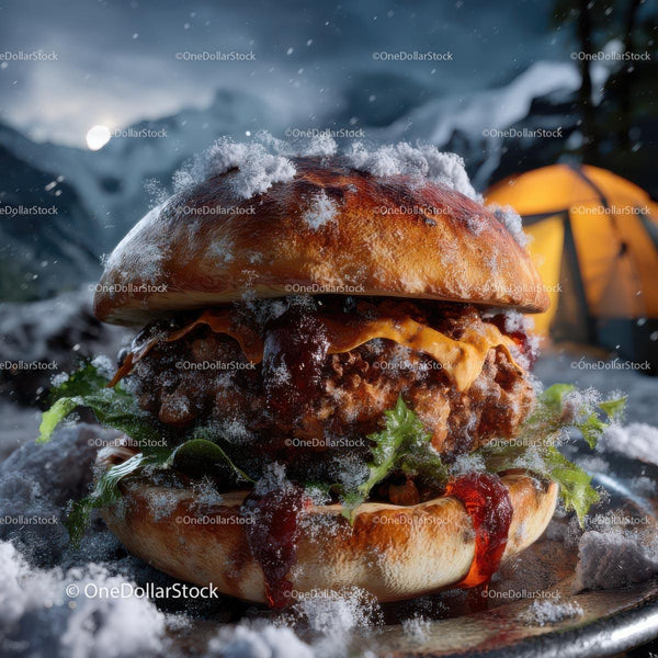 Gourmet Cheeseburger in a Snowy Mountain Setting