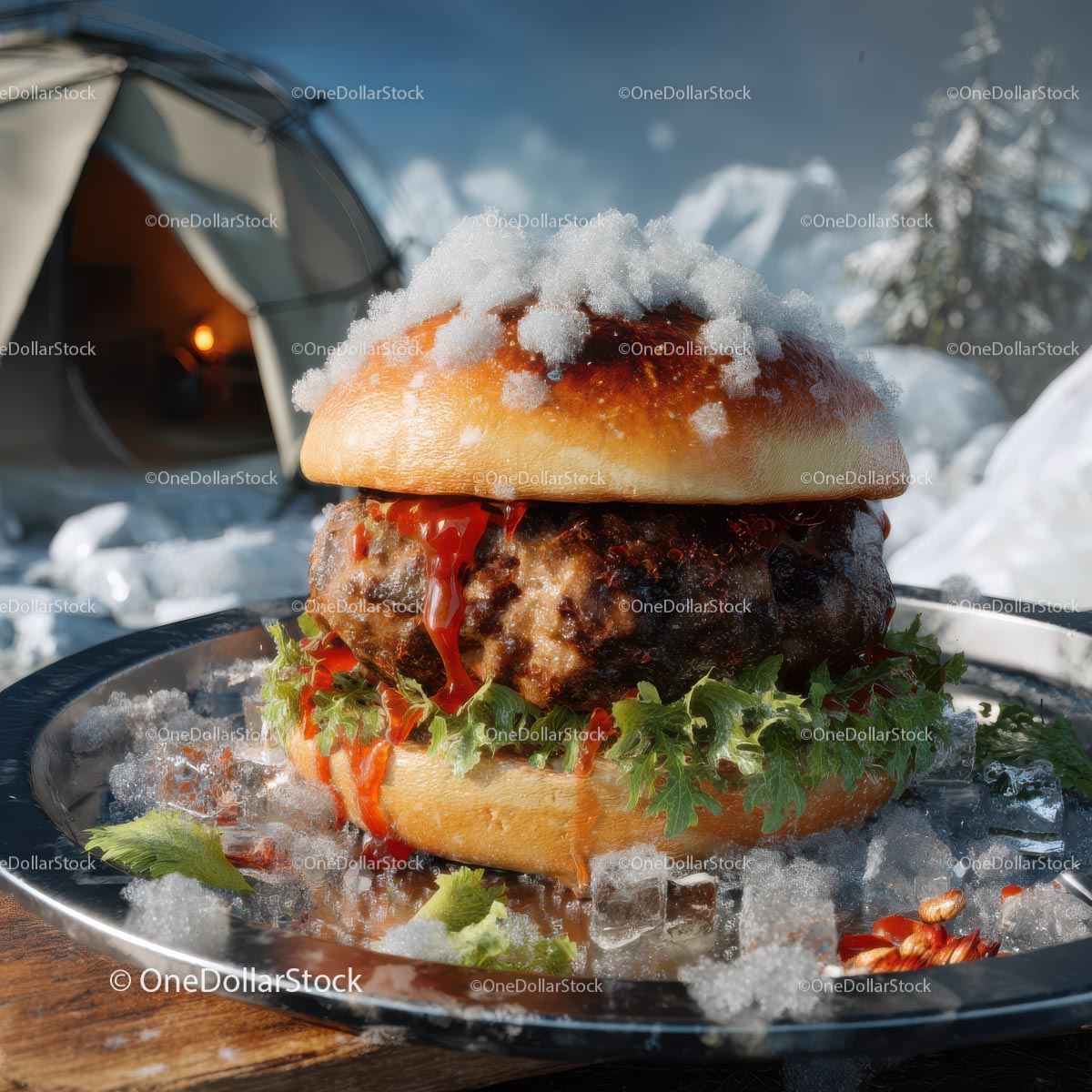 Wykwintny burger w śnieżnym, zimowym obozie