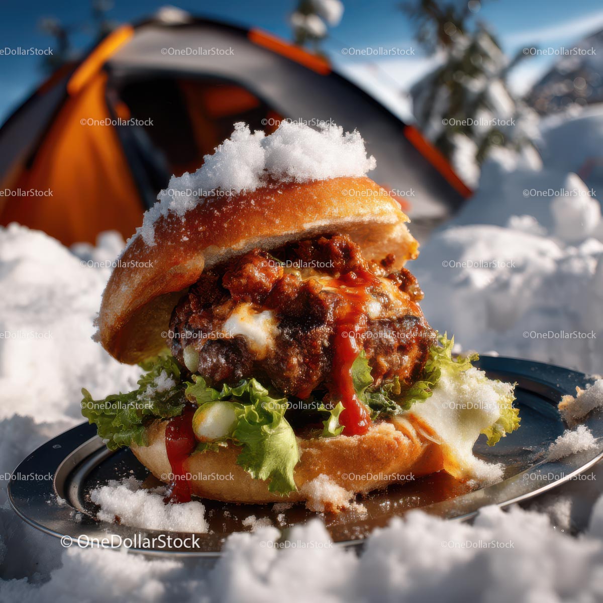 Snow-Covered Burger and Tent in Winter Wilderness