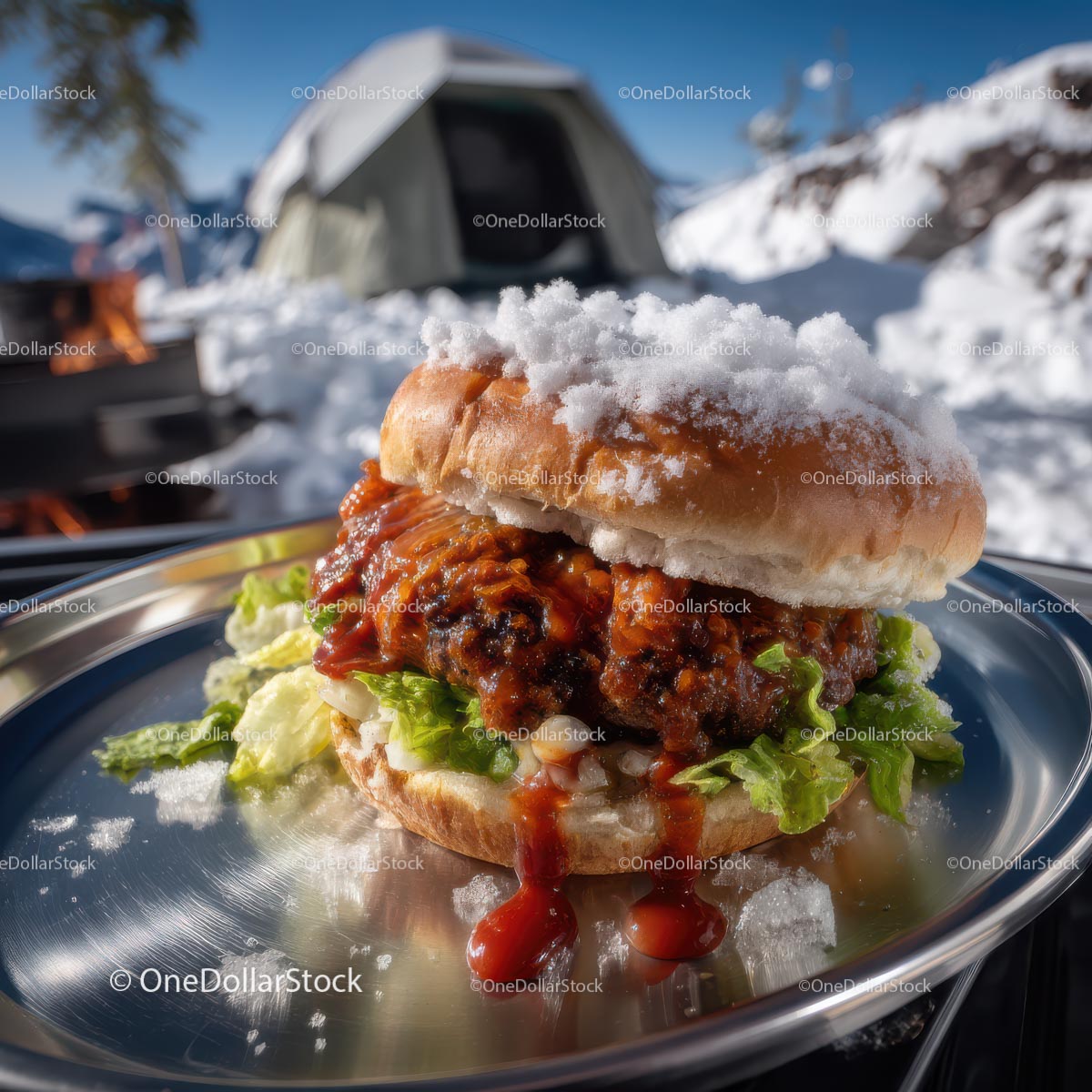 Delicious Grilled Burger in Snowy Winter Camping Scene