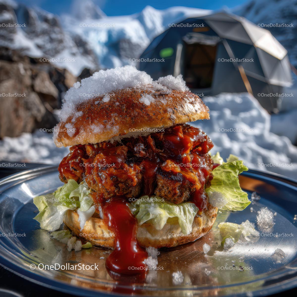 Delicious Gourmet Burger in Snowy Mountain Setting
