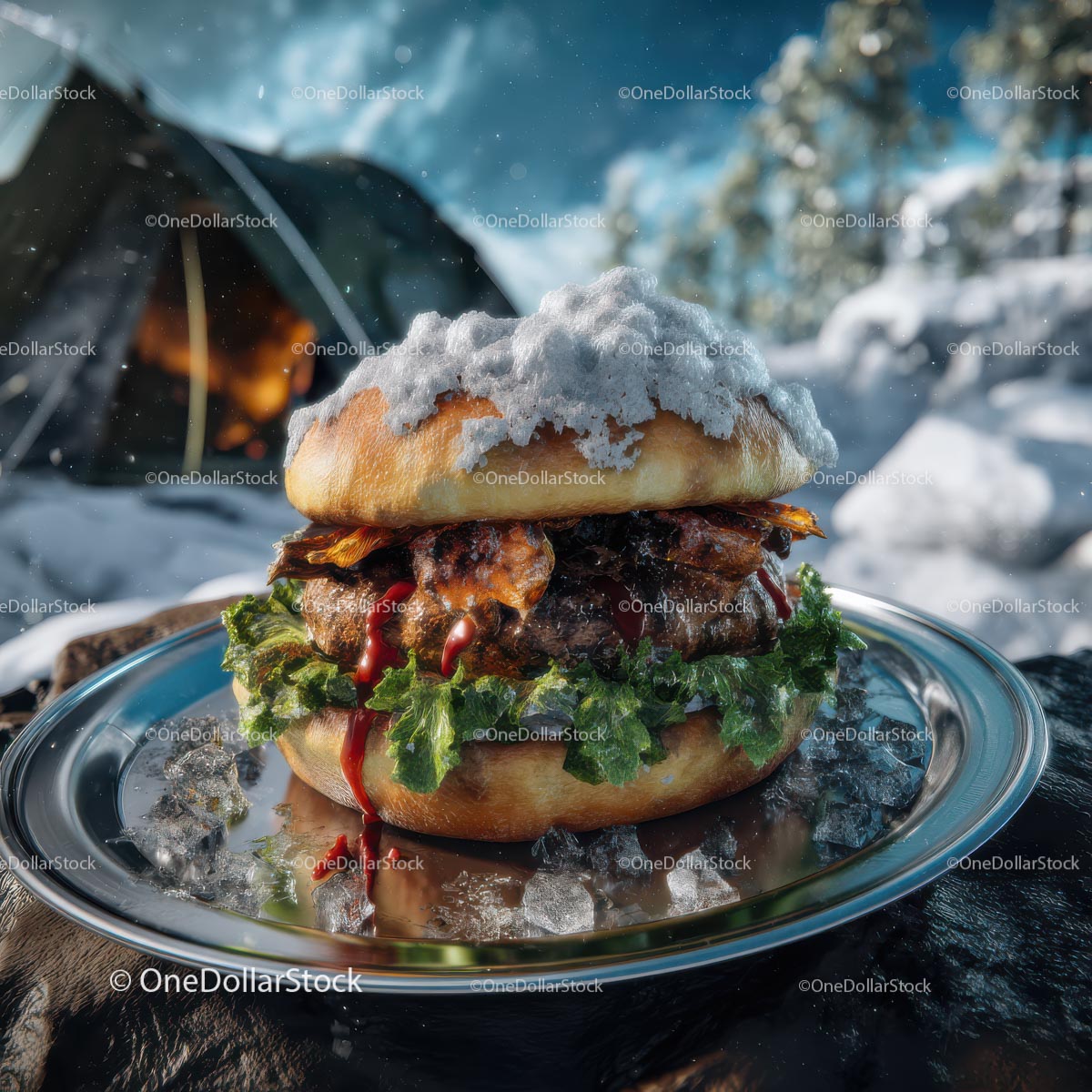 Wykwintny burger pokryty śniegiem na świeżym powietrzu przy ognisku