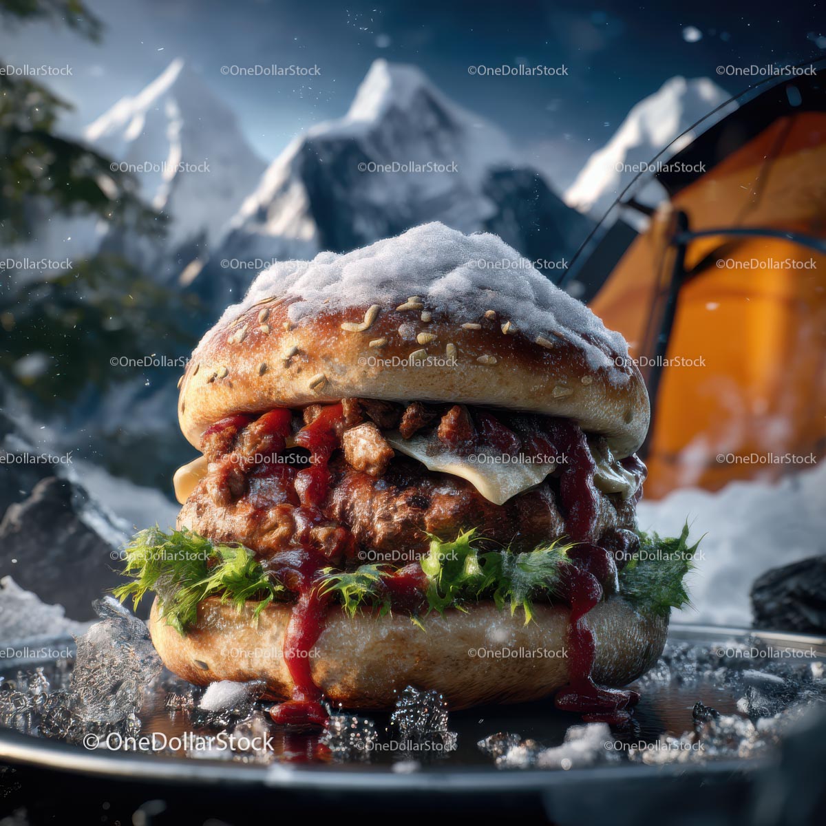 Gourmet Burger in a Snowy Mountain Camping Scene