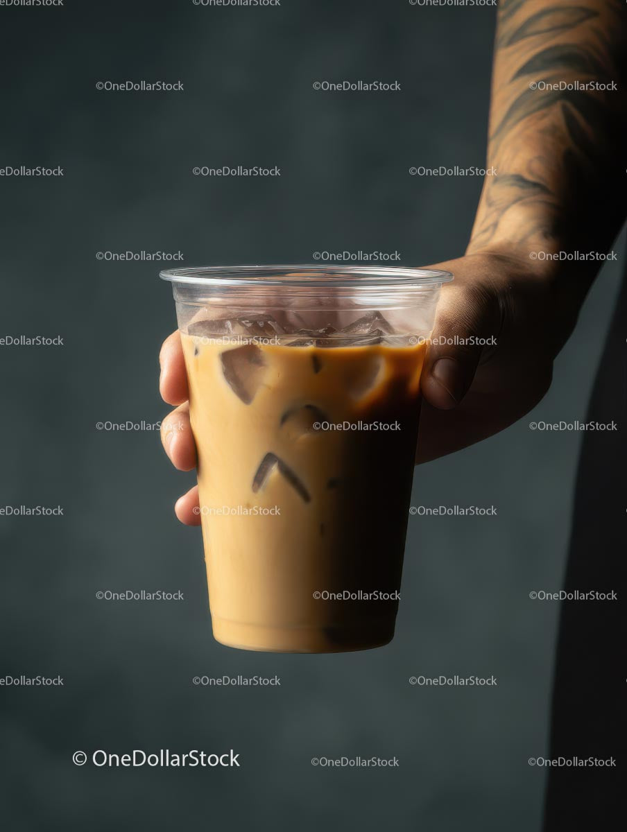 Iced Coffee in Hand Against Dark Background