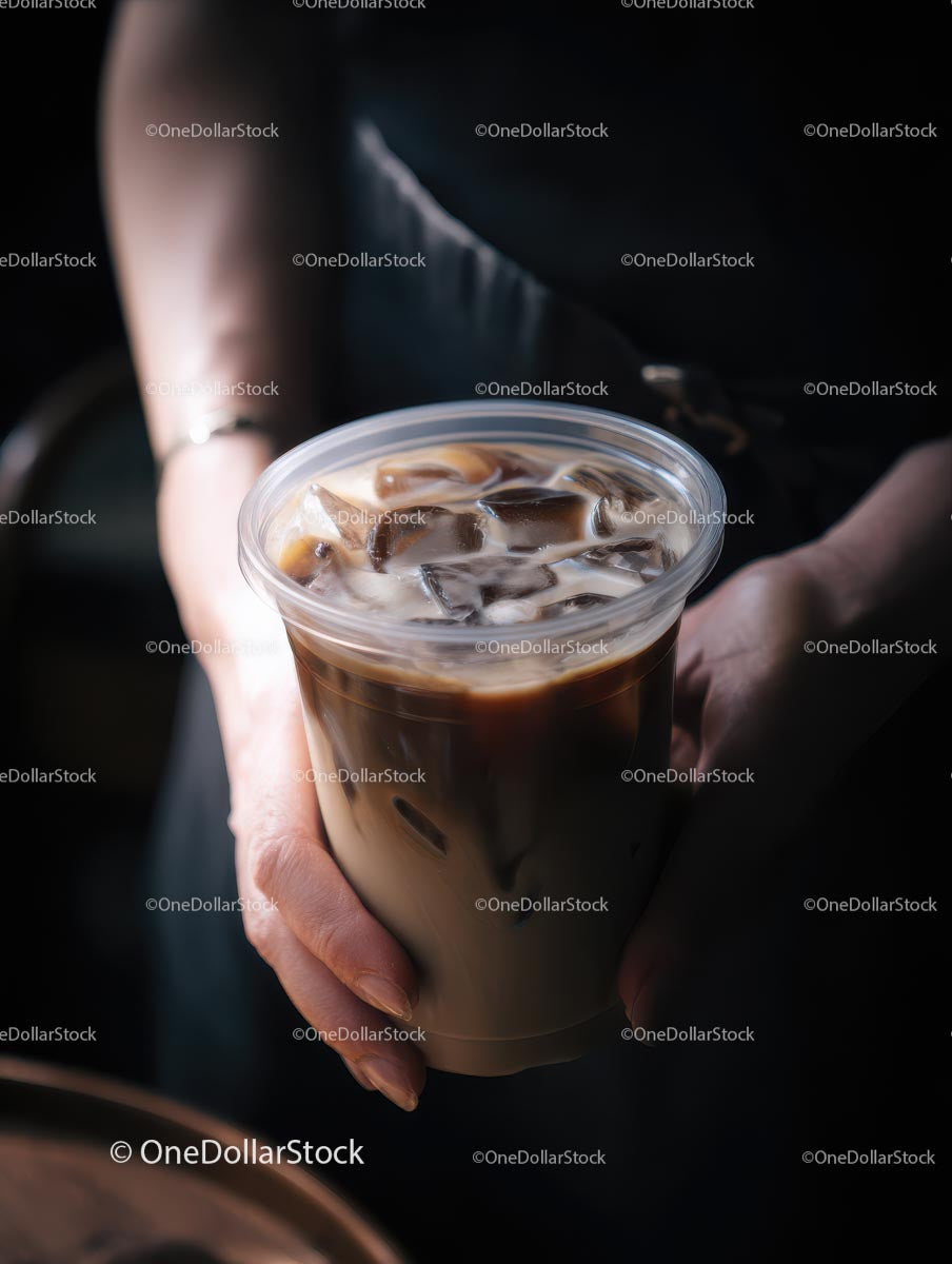 Refreshing Iced Coffee in Hand Against Dark Background