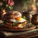 Gourmet Burger with Fried Egg in Rustic Setting