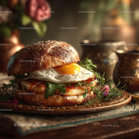 Gourmet Burger with Fried Egg in Rustic Setting