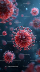 Microscopic View of Red Viruses in Blue Background