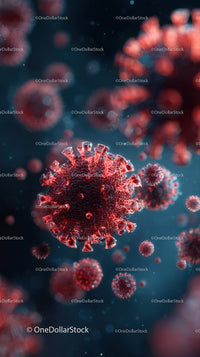 Microscopic View of Red Viruses in Blue Background
