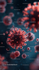 Microscopic View of Red Coronavirus Particles