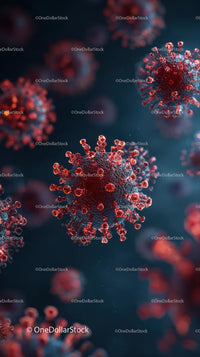 Microscopic View of Red Viruses in Blue Background