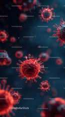 Microscopic View of Red Viruses in Blue Background