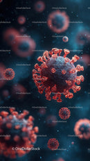 Microscopic View of Red Viruses in Blue Background