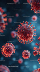 Microscopic View of Red Viruses in Blue Background