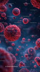 Microscopic View of Red Viruses in Blue Background