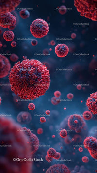 Microscopic View of Red Viral Particles in Blue Background
