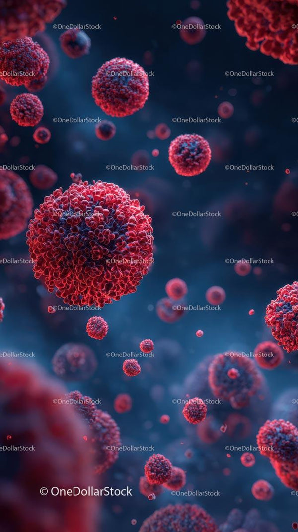 Microscopic View of Red Viral Particles in Blue Background