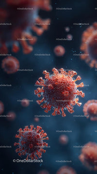 Microscopic View of Red Viruses in Blue Background