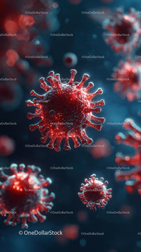 Illustration of Red Coronavirus Particles on Blue Background