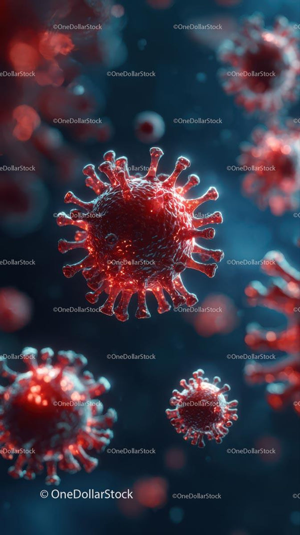 Illustration of Red Coronavirus Particles on Blue Background
