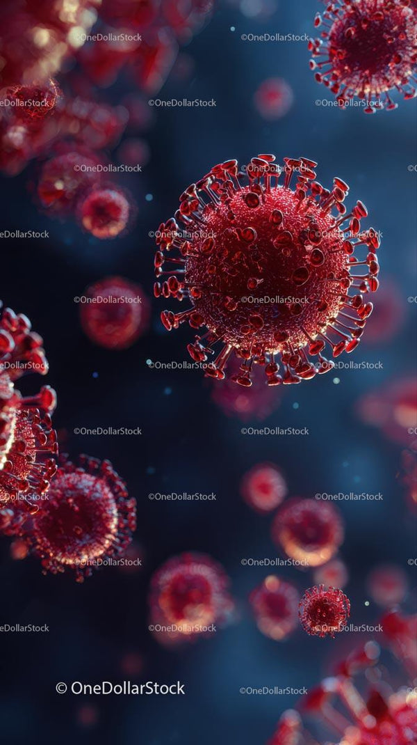 Microscopic View of Red Coronavirus Particles