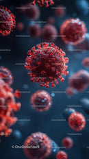 Microscopic View of Red Viruses in Blue Background