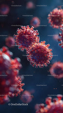 Microscopic View of Red Viruses in Blue Background