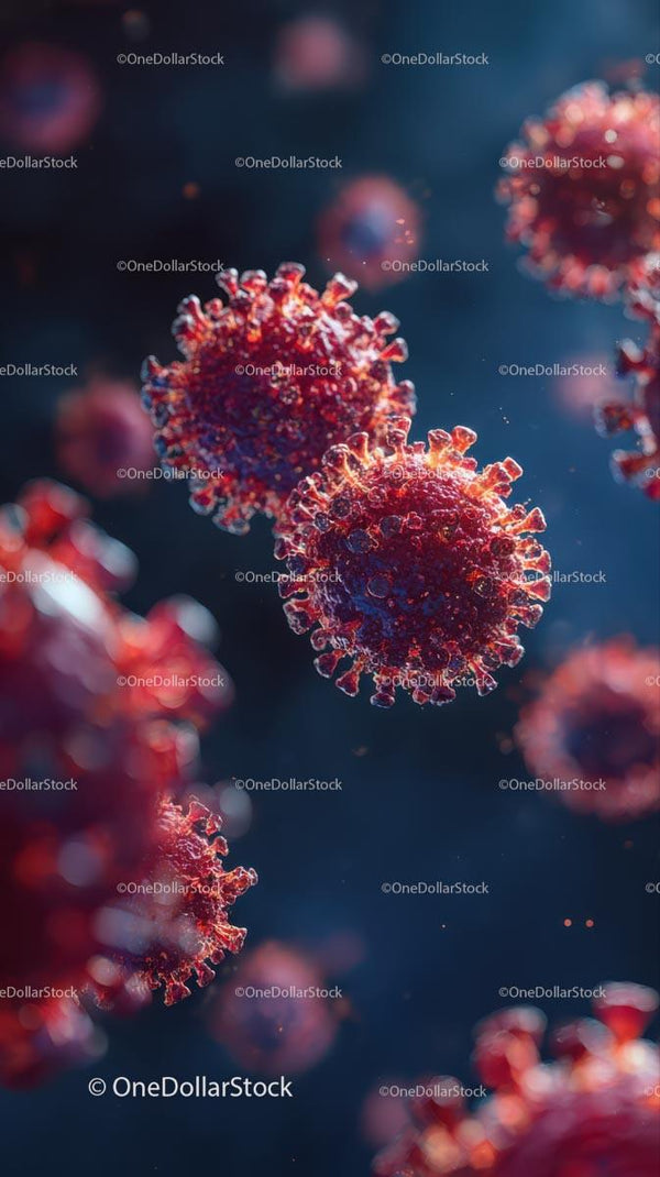 Microscopic View of Red Coronavirus Particles