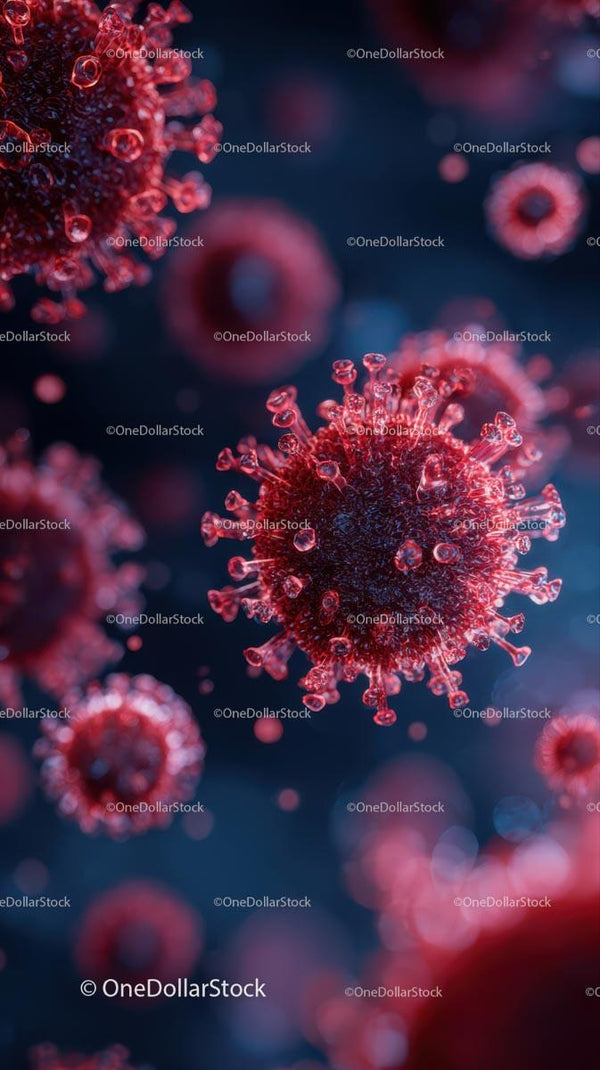 Microscopic View of Red Coronavirus Particles