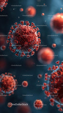 Microscopic View of Red Viruses in Blue Background