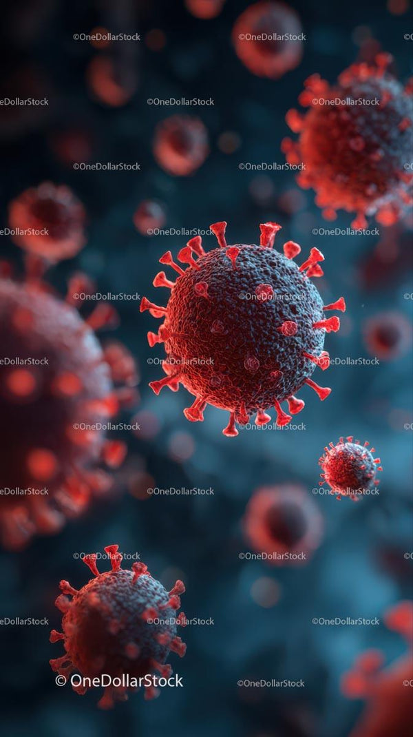 Close-Up of Coronavirus Particles with Red Spikes