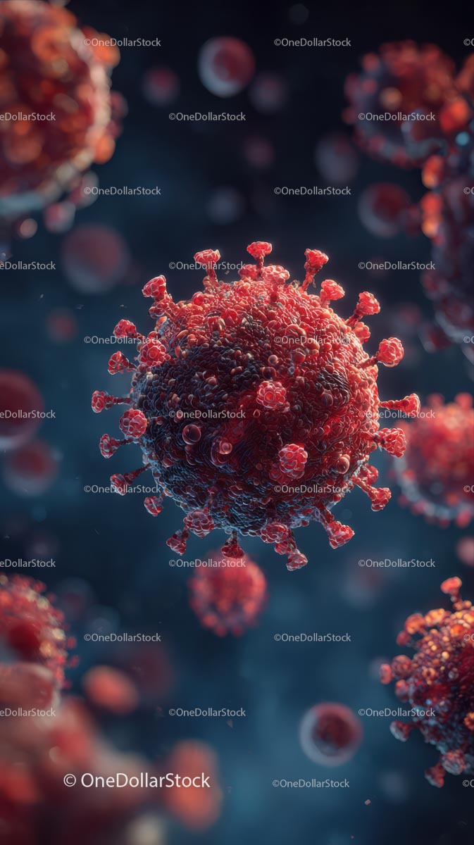Microscopic View of Red Viruses in Blue Background