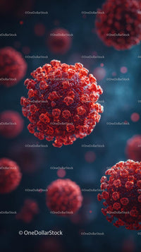 Microscopic View of Red Viruses in Blue Background